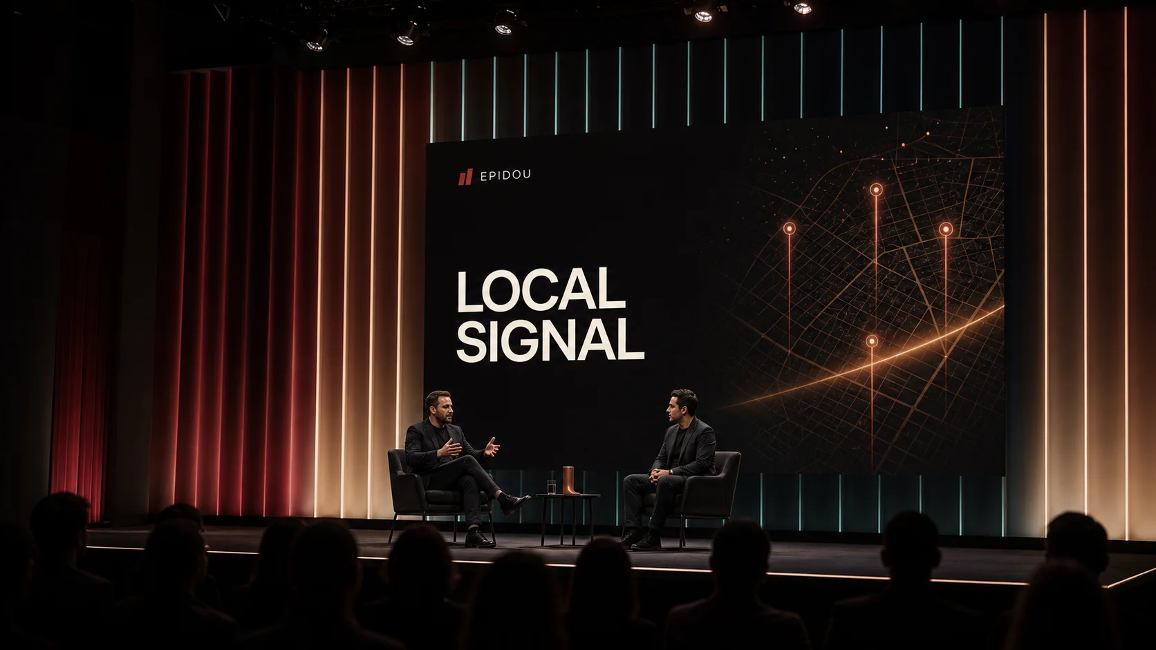 optivioseo local SEO strategy conversation on a stage with local signal map visuals