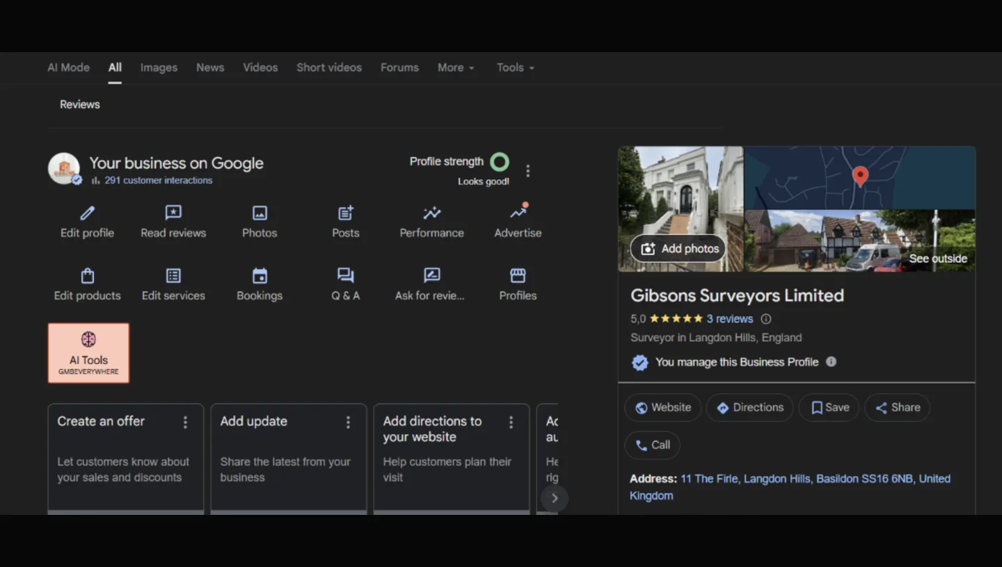Google Business Profile dashboard screenshot showing profile strength, profile controls, and public business panel